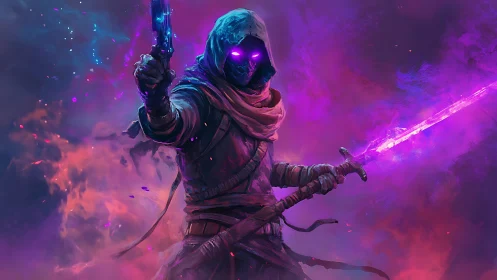 Mystic space rogue glowing with neon power and quiet resolve.