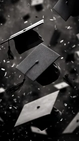 Black graduation caps tossed in air with flying confetti.