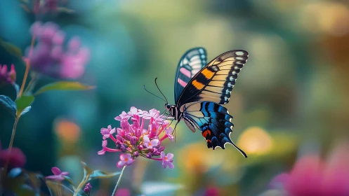 Vibrant butterfly on pink flowers in soft garden bokeh.