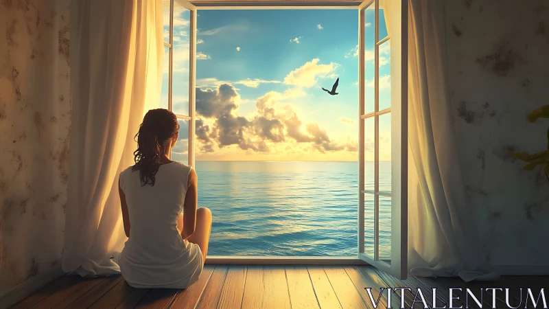Woman gazes toward luminous ocean sunrise through window.