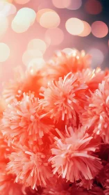 Soft coral pompom blooms glowing in gentle evening light.