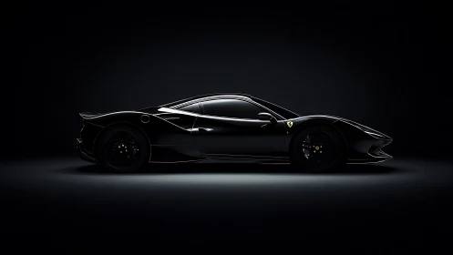 Black sports coupe in side profile on dark studio background.