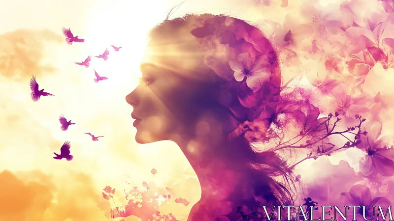 Dreamy Female Silhouette with Floral Elements in Pastel Colors.