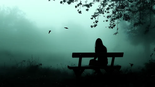 Solitary figure sits on bench within dense teal forest fog