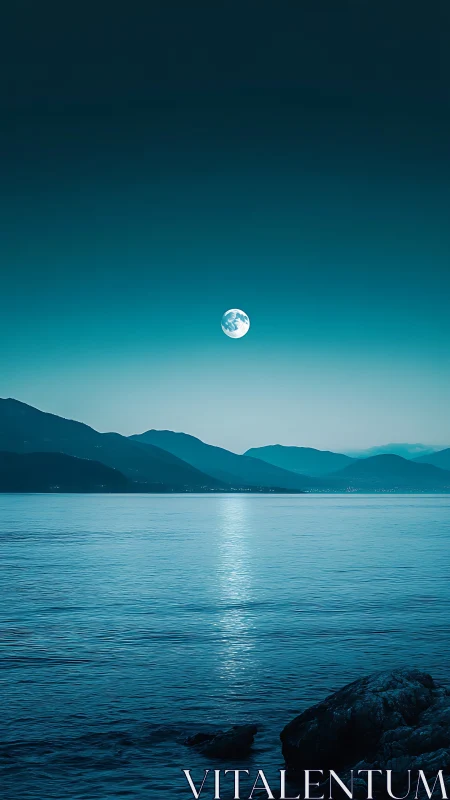 Blue hour coastal landscape with full moon reflection over sea