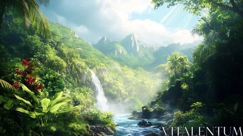 Sunlit jungle waterfall and misty emerald mountain valley.