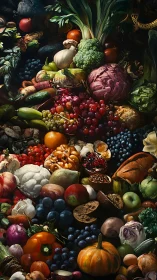 Hyperreal produce cascade with dense chromatic texture mapping.