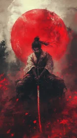 Samurai figure sits before large red circle in dense mist