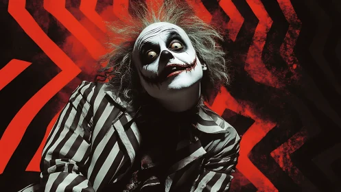 Striped-suited ghoul with smeared makeup on zigzag red backdrop