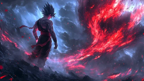 Lone anime warrior facing a roaring red cosmic storm.