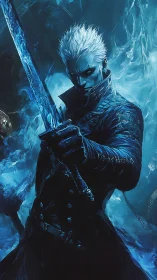 White haired swordsman in blue energy environment.