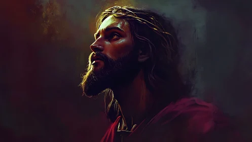 Contemplative bearded man gazes toward light in solemn dark