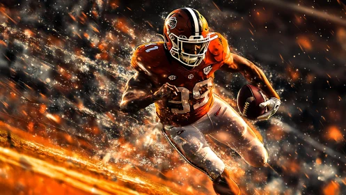 Gridiron running back bursts through fiery digital motion field.