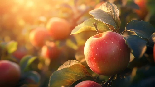 Sunlit macro study of ripe orchard apple and foliage in bokeh field.