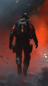 Lone armored soldier advances through burning urban smoke