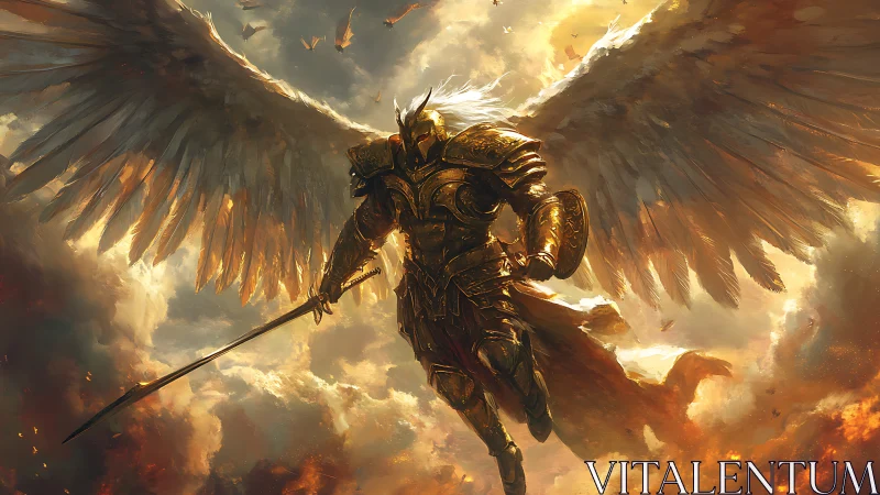 Armored winged warrior with spear in fiery sky scene.