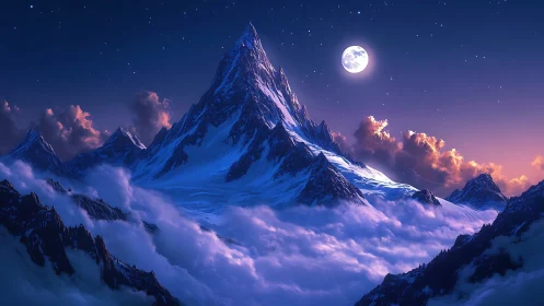 Moonlit alpine peak above cloud layer in night sky panorama.
