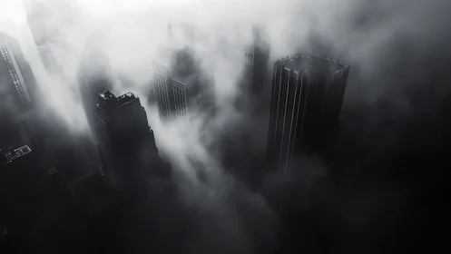 Skyscrapers emerge through dense low clouds in monochrome light