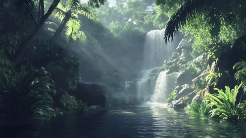 Sunlit tropical cascade with dense foliage and misted pool