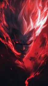 Demonic warrior emerges through crimson inferno shadows.