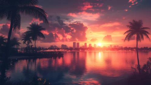 Neon dusk over palm-framed city lagoon in molten sunset glow.