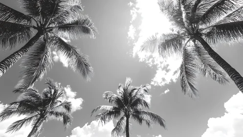 Monochrome palm trees under bright tropical midday sky.
