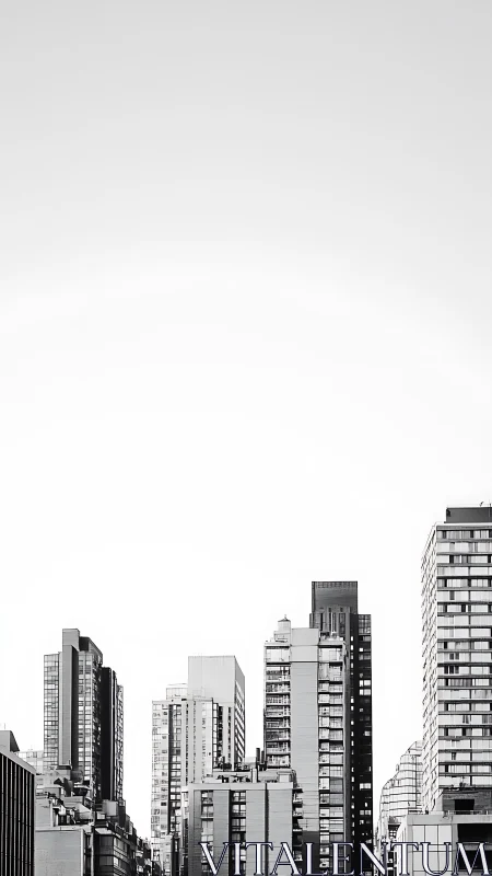 Monochrome city towers rise into stark white sky