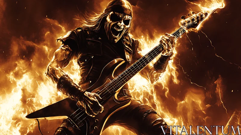 Fiery skeleton rocker unleashes blazing electric energy.