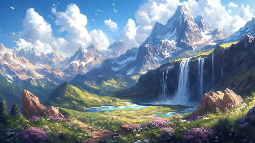 Mountain valley landscape shows waterfalls, lakes, and flowers