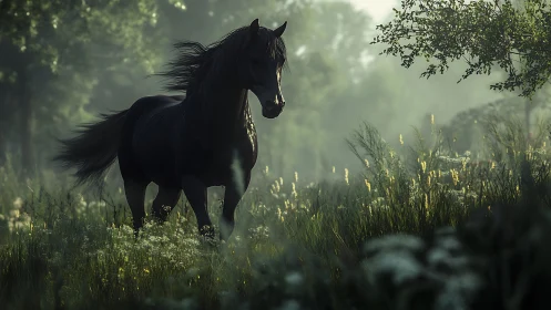 Black horse moving through dense green forest clearing.