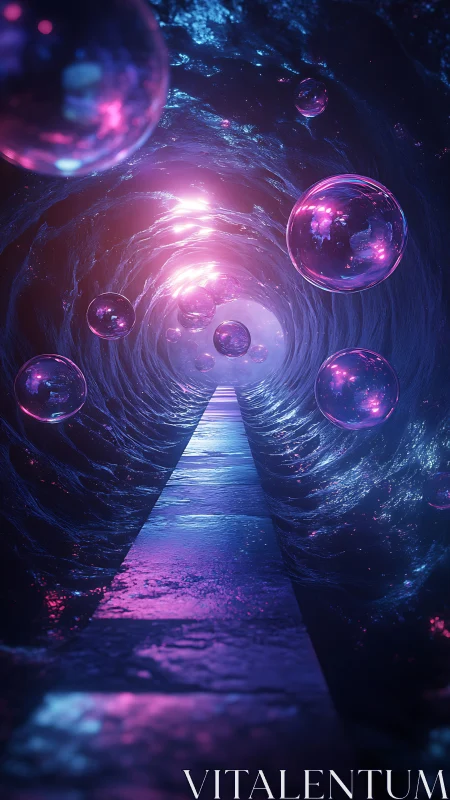 Neon tunnel corridor with luminous floating spheres, surreal.