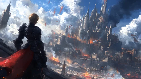 Digital painting of armored knight before burning citadel.