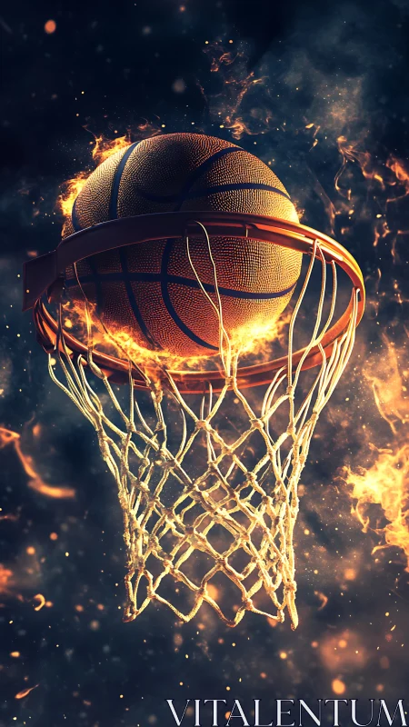 Flaming basketball swish suspended in incandescent net detail.