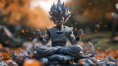 Meditating anime warrior in autumn energy field.