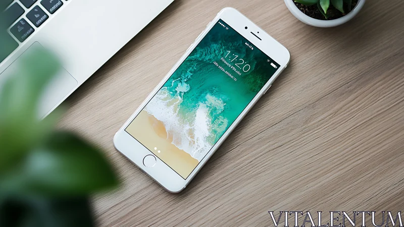 White smartphone displaying ocean beach lockscreen on wooden desk