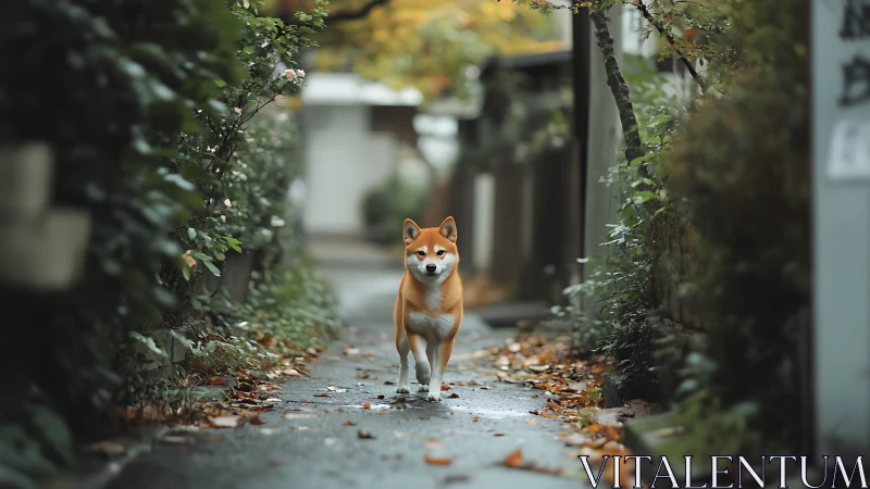Shiba Inu strolls down a leafy, narrow alleyway calmly.