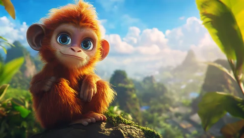 Juvenile cartoon monkey on rock in lush tropical landscape.