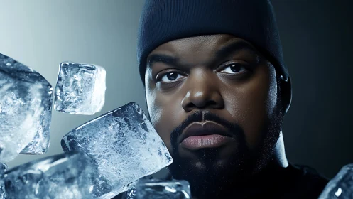 Portrait of man in dark beanie with surrounding ice cubes.