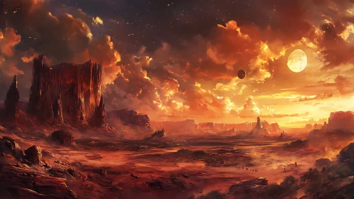 Burnished alien canyon glows warmly beneath twin setting moons