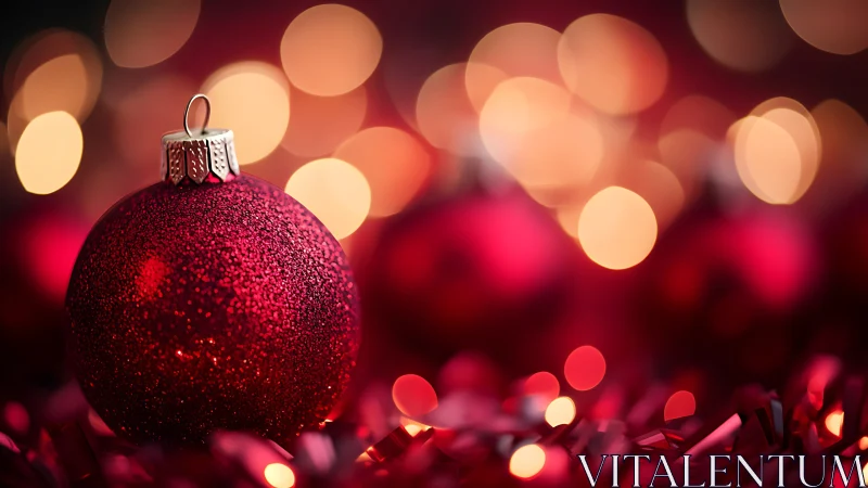 Red glitter bauble with warm bokeh lights in background.