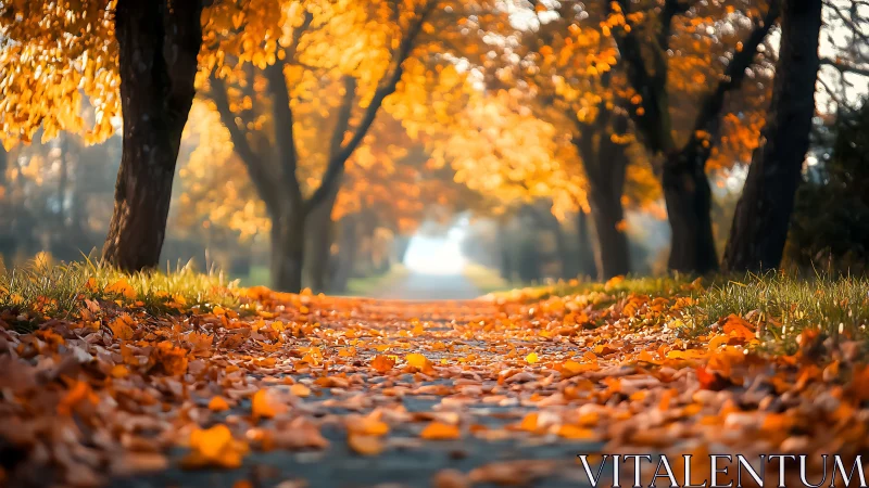 Golden autumn alley with low-perspective leaf carpet view.