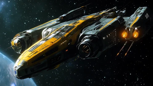 Bold yellow starship glides through deep space on patrol
