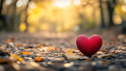 Red heart-shaped object on autumn ground with blurred forest.