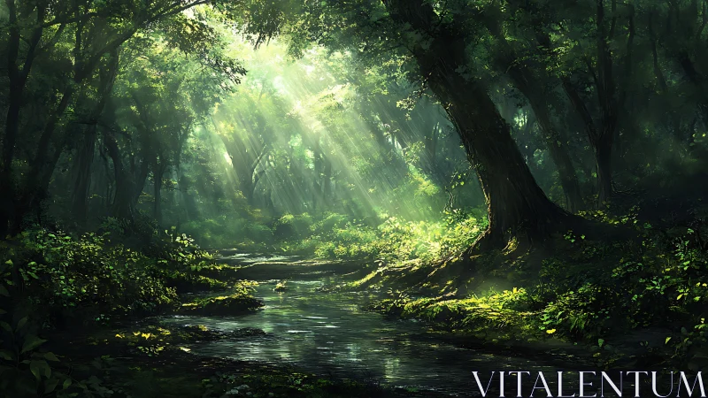Ancient Forest Stream with Divine Light Rays.