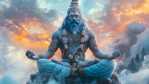 Mythic yogi in celestial meditation, digital painting focus.