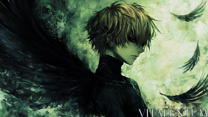 Brooding winged wanderer resting between light and shadow.