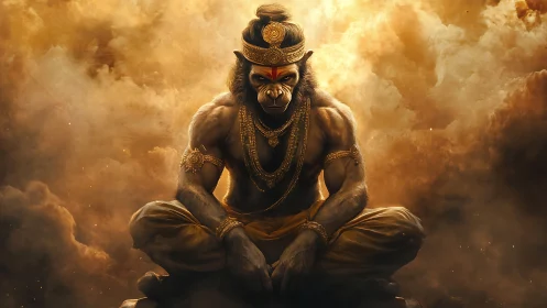Golden storm ascetic: divine monkey warrior in meditation.