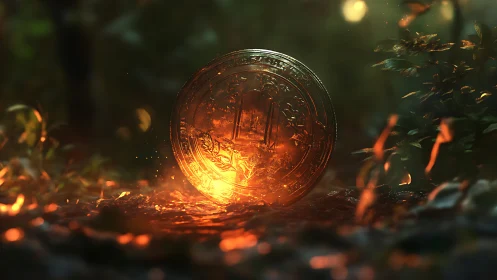 Molten gold coin ignites forest floor with glowing embers.