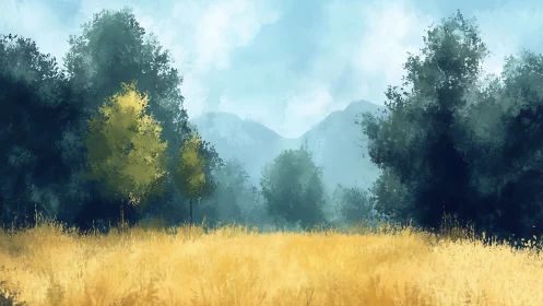 Golden grass meadow before forested ridge under hazy mountains
