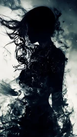 Silhouetted female figure formed from swirling black smoke.